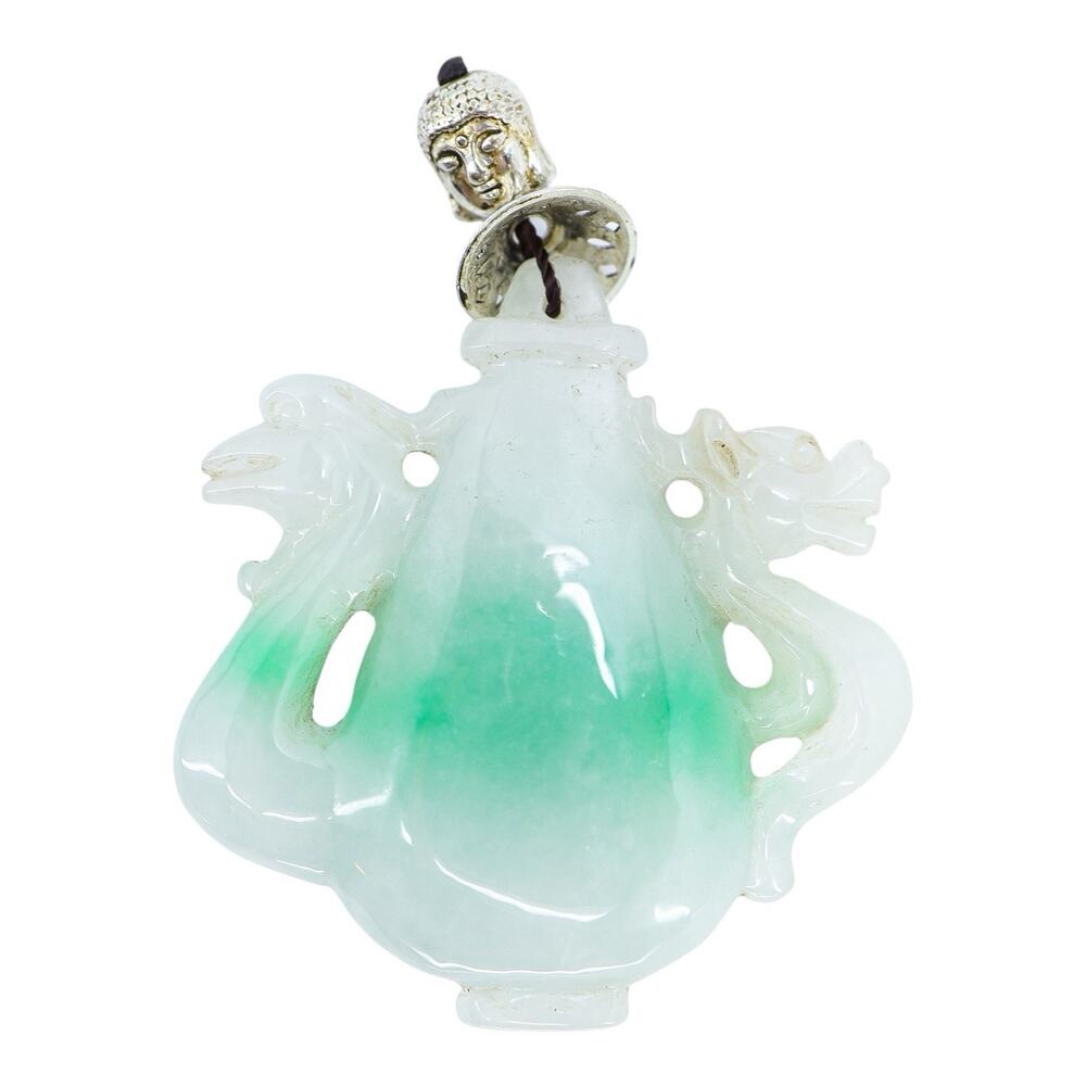 Treated Jadeite Jade Double Dragon Hulu Bottle Pendant w/ Buddha Finial 2 IN